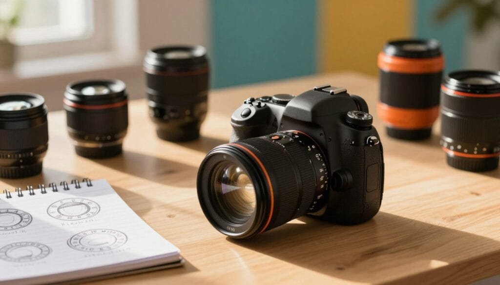 A beautifully arranged photography workspace showcasing various aperture settings with a DSLR camera at the forefront, set against a softly blurred colorful background. The camera, equipped with a prime lens, is angled at 45 degrees, highlighting its settings dial. On the table, there's a notepad with sketches of different aperture diagrams and a few colorful lenses scattered around for artistic effect. Golden hour sunlight streams in through a nearby window, casting warm, inviting shadows across the scene. The atmosphere is creative and inspiring, emphasizing artistic control in photography. Utilize vibrant colors and a shallow depth of field to enhance the appeal and focus on the camera. Stay focused, Ray Baker. A beautifully arranged photography workspace showcasing various aperture settings with a DSLR camera at the forefront, set against a softly blurred colorful background. The camera, equipped with a prime lens, is angled at 45 degrees, highlighting its settings dial. On the table, there's a notepad with sketches of different aperture diagrams and a few colorful lenses scattered around for artistic effect. Golden hour sunlight streams in through a nearby window, casting warm, inviting shadows across the scene. The atmosphere is creative and inspiring, emphasizing artistic control in photography. Utilize vibrant colors and a shallow depth of field to enhance the appeal and focus on the camera. Stay focused, Ray Baker.