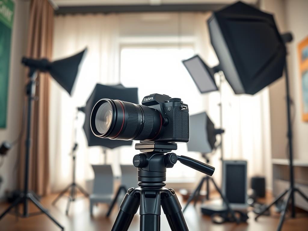 A beautifully arranged product setup featuring a sleek, modern camera and essential photography gear, illuminated by soft window light. In the foreground, the camera is angled on a sturdy tripod, showcasing its sharp lens and detailed dials. The middle ground includes an assortment of photography modifiers like reflectors and diffusers, strategically placed to catch the natural light streaming through the window. The background hints at a bright, airy studio space with subtle colors that complement the products. The overall mood is professional and inviting, emphasizing the importance of lighting in achieving sharp, sellable images. Capture this scene with an emphasis on clarity and texture, focusing on the interplay between light and camera settings. Stay focused, Ray Baker.