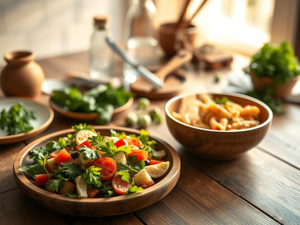 A beautifully arranged table featuring a variety of simple meals, each presented from diverse camera angles—overhead, eye-level, and three-quarter views. In the foreground, a rustic wooden plate holds a colorful salad with vibrant vegetables, while a steaming bowl of pasta occupies the middle ground, its texture accentuated by soft, diffused natural light. The background displays blurred kitchen utensils and herbs, creating depth. The lighting is warm and inviting, mimicking golden hour sunlight, casting gentle shadows that enhance the textures of the food. The overall atmosphere is cozy and appetizing, ideal for showcasing how practical camera angles interact with light to elevate the appearance of everyday meals. Stay focused, Ray Baker.