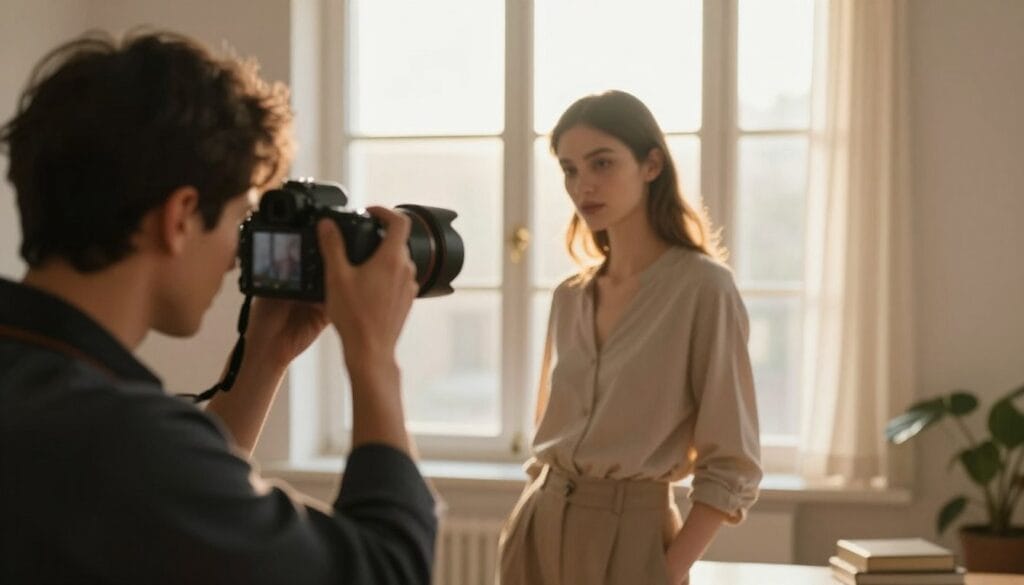 A beautifully composed indoor photography scene illustrating the concept of harnessing light direction. In the foreground, a professional photographer, dressed in smart casual attire, adjusts their camera settings while focusing on a subject. Soft, diffused front lighting illuminates the subject, highlighting their features without harsh shadows. In the middle, the subject—a stylish model in modest attire—poses naturally, with side lighting creating gentle depth. In the background, large windows allow warm, golden sunlight to pour in, demonstrating how backlighting can create an ethereal glow around the model. The overall atmosphere is serene and inviting, with a focus on the interplay of light and shadows in photography, captured with a shallow depth of field to emphasize the subject. Stay focused, Ray Baker. A beautifully composed indoor photography scene illustrating the concept of harnessing light direction. In the foreground, a professional photographer, dressed in smart casual attire, adjusts their camera settings while focusing on a subject. Soft, diffused front lighting illuminates the subject, highlighting their features without harsh shadows. In the middle, the subject—a stylish model in modest attire—poses naturally, with side lighting creating gentle depth. In the background, large windows allow warm, golden sunlight to pour in, demonstrating how backlighting can create an ethereal glow around the model. The overall atmosphere is serene and inviting, with a focus on the interplay of light and shadows in photography, captured with a shallow depth of field to emphasize the subject. Stay focused, Ray Baker.