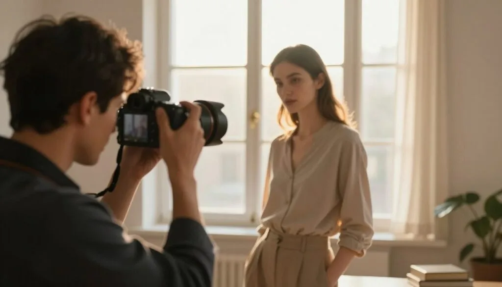 A beautifully composed indoor photography scene illustrating the concept of harnessing light direction. In the foreground, a professional photographer, dressed in smart casual attire, adjusts their camera settings while focusing on a subject. Soft, diffused front lighting illuminates the subject, highlighting their features without harsh shadows. In the middle, the subject-a stylish model in modest attire-poses naturally, with side lighting creating gentle depth. In the background, large windows allow warm, golden sunlight to pour in, demonstrating how backlighting can create an ethereal glow around the model. The overall atmosphere is serene and inviting, with a focus on the interplay of light and shadows in photography, captured with a shallow depth of field to emphasize the subject. Stay focused, Ray Baker. A beautifully composed indoor photography scene illustrating the concept of harnessing light direction. In the foreground, a professional photographer, dressed in smart casual attire, adjusts their camera settings while focusing on a subject. Soft, diffused front lighting illuminates the subject, highlighting their features without harsh shadows. In the middle, the subject-a stylish model in modest attire-poses naturally, with side lighting creating gentle depth. In the background, large windows allow warm, golden sunlight to pour in, demonstrating how backlighting can create an ethereal glow around the model. The overall atmosphere is serene and inviting, with a focus on the interplay of light and shadows in photography, captured with a shallow depth of field to emphasize the subject. Stay focused, Ray Baker.