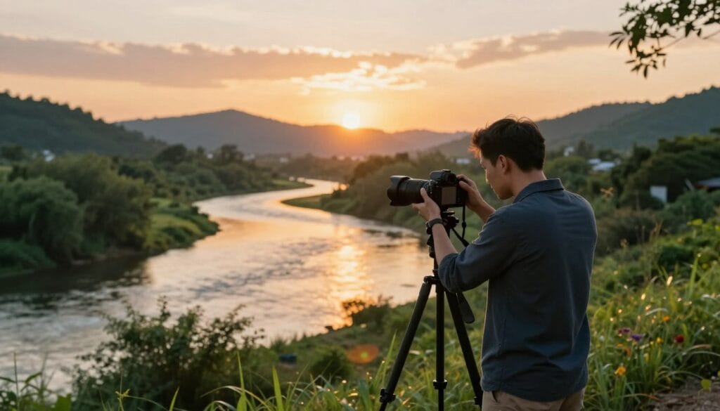 A beautifully lit photography setup showcasing a vibrant landscape at golden hour. In the foreground, a professional photographer in smart casual attire is adjusting their camera on a tripod, capturing the stunning colors of the sunset. The mid-ground features a softly flowing river reflecting the warm hues of the sky, with lush greenery framing the scene. In the background, distant rolling hills catch the last rays of sunlight, adding depth to the composition. The scene is infused with a tranquil and inspiring atmosphere, emphasizing the importance of natural light in photography. Soft lens flares and a slight bokeh effect enhance the aesthetic appeal. Stay focused, Ray Baker. A beautifully lit photography setup showcasing a vibrant landscape at golden hour. In the foreground, a professional photographer in smart casual attire is adjusting their camera on a tripod, capturing the stunning colors of the sunset. The mid-ground features a softly flowing river reflecting the warm hues of the sky, with lush greenery framing the scene. In the background, distant rolling hills catch the last rays of sunlight, adding depth to the composition. The scene is infused with a tranquil and inspiring atmosphere, emphasizing the importance of natural light in photography. Soft lens flares and a slight bokeh effect enhance the aesthetic appeal. Stay focused, Ray Baker.
