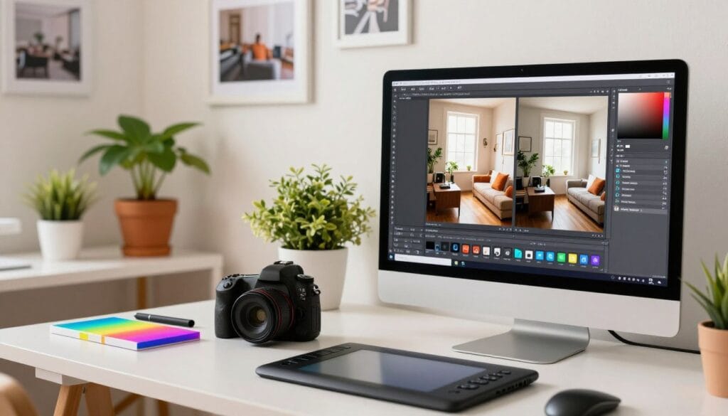 A bright and inviting indoor photography workspace showcasing an artistic post-processing setup. In the foreground, a sleek computer screen displays before-and-after images of indoor photos, highlighting enhanced brightness and clarity. A high-end DSLR camera and a set of colorful editing tools, including a graphics tablet and software icons, rest nearby. In the middle, a well-lit desk with soft diffused lighting illuminates the scene, creating a warm atmosphere. Potted plants add a touch of greenery, enhancing the vibrant mood. The background features a soft-focus wall adorned with framed photos, demonstrating the power of post-processing. The overall ambiance feels creative and inspiring, drawing attention to the transformation of indoor images. Stay focused, Ray Baker. A bright and inviting indoor photography workspace showcasing an artistic post-processing setup. In the foreground, a sleek computer screen displays before-and-after images of indoor photos, highlighting enhanced brightness and clarity. A high-end DSLR camera and a set of colorful editing tools, including a graphics tablet and software icons, rest nearby. In the middle, a well-lit desk with soft diffused lighting illuminates the scene, creating a warm atmosphere. Potted plants add a touch of greenery, enhancing the vibrant mood. The background features a soft-focus wall adorned with framed photos, demonstrating the power of post-processing. The overall ambiance feels creative and inspiring, drawing attention to the transformation of indoor images. Stay focused, Ray Baker.