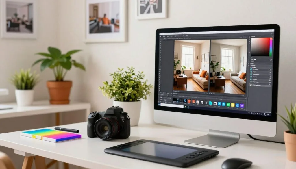 A bright and inviting indoor photography workspace showcasing an artistic post-processing setup. In the foreground, a sleek computer screen displays before-and-after images of indoor photos, highlighting enhanced brightness and clarity. A high-end DSLR camera and a set of colorful editing tools, including a graphics tablet and software icons, rest nearby. In the middle, a well-lit desk with soft diffused lighting illuminates the scene, creating a warm atmosphere. Potted plants add a touch of greenery, enhancing the vibrant mood. The background features a soft-focus wall adorned with framed photos, demonstrating the power of post-processing. The overall ambiance feels creative and inspiring, drawing attention to the transformation of indoor images. Stay focused, Ray Baker. A bright and inviting indoor photography workspace showcasing an artistic post-processing setup. In the foreground, a sleek computer screen displays before-and-after images of indoor photos, highlighting enhanced brightness and clarity. A high-end DSLR camera and a set of colorful editing tools, including a graphics tablet and software icons, rest nearby. In the middle, a well-lit desk with soft diffused lighting illuminates the scene, creating a warm atmosphere. Potted plants add a touch of greenery, enhancing the vibrant mood. The background features a soft-focus wall adorned with framed photos, demonstrating the power of post-processing. The overall ambiance feels creative and inspiring, drawing attention to the transformation of indoor images. Stay focused, Ray Baker.