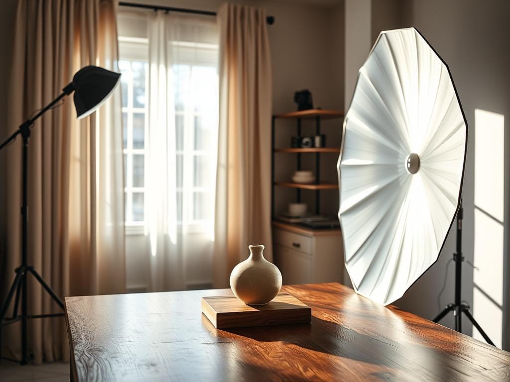 A carefully arranged DIY photography setup showcasing a large window as the primary light source, filtering soft, natural light into the scene. In the foreground, a polished wooden table holds a small, elegantly displayed product—perhaps a handcrafted ceramic vase—highlighted by this gentle illumination. To the side, a large, shiny reflector bounces additional light onto the product, creating dynamic highlights and shadows that evoke a professional studio feel. In the background, soft curtains diffuse the sunlight, while minimalistic shelves with photography accessories subtly hint at a creative workspace. The overall atmosphere is warm and inviting, radiating a sense of professionalism in a home setting. The composition is balanced, drawing the viewer’s eye towards the well-lit product at the center. Stay focused, Ray Baker. A carefully arranged DIY photography setup showcasing a large window as the primary light source, filtering soft, natural light into the scene. In the foreground, a polished wooden table holds a small, elegantly displayed product—perhaps a handcrafted ceramic vase—highlighted by this gentle illumination. To the side, a large, shiny reflector bounces additional light onto the product, creating dynamic highlights and shadows that evoke a professional studio feel. In the background, soft curtains diffuse the sunlight, while minimalistic shelves with photography accessories subtly hint at a creative workspace. The overall atmosphere is warm and inviting, radiating a sense of professionalism in a home setting. The composition is balanced, drawing the viewer’s eye towards the well-lit product at the center. Stay focused, Ray Baker.