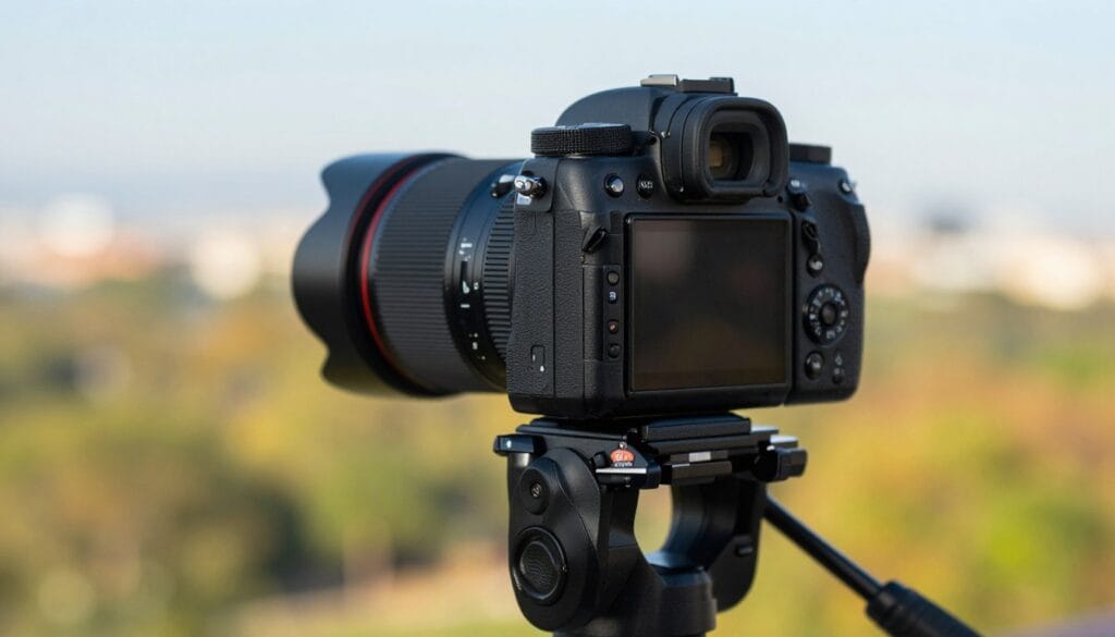 A close-up image of a professional camera mounted on a sturdy tripod, showcasing a sleek lens with a focus on the anti-shake mechanism. In the foreground, the camera settings dial prominently displays a high shutter speed setting, indicating readiness to capture sharp images. The middle ground reveals a slight motion blur effect around the camera body and tripod's legs to visually demonstrate the concept of camera shake. In the background, a scenic view with vibrant colors and crisp details, such as a sunlit landscape or urban skyline, emphasizes the clarity achieved by minimizing shake. Soft, natural lighting bathes the scene, creating an inviting atmosphere. Stay focused, Ray Baker. A close-up image of a professional camera mounted on a sturdy tripod, showcasing a sleek lens with a focus on the anti-shake mechanism. In the foreground, the camera settings dial prominently displays a high shutter speed setting, indicating readiness to capture sharp images. The middle ground reveals a slight motion blur effect around the camera body and tripod's legs to visually demonstrate the concept of camera shake. In the background, a scenic view with vibrant colors and crisp details, such as a sunlit landscape or urban skyline, emphasizes the clarity achieved by minimizing shake. Soft, natural lighting bathes the scene, creating an inviting atmosphere. Stay focused, Ray Baker.