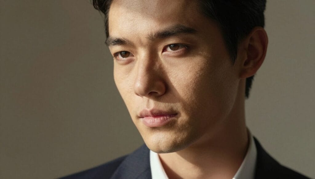 A close-up portrait of a model in professional business attire, captured in natural light that skillfully balances shadows and highlights. The model's face is illuminated softly from the side, revealing the textures of the skin and the intricate play of light across their features. The background is gently blurred, featuring muted earthy tones that enhance the depth of the image without distraction. The composition uses a 50mm lens to create a shallow depth of field, focusing on the eyes, which express confidence and warmth. The overall atmosphere is inspiring and creative, showcasing the beauty of light modulation in portrait photography. Stay focused, Ray Baker.