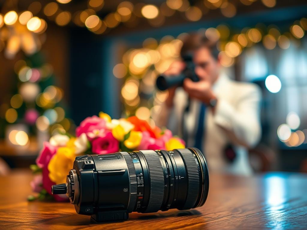 A close-up shot of a camera lens set on a wooden table, displaying the intricate details of aperture settings and dials, emphasizing the importance of bokeh in photography. In the foreground, a blurred bouquet of flowers creates a vibrant, colorful bokeh effect, showcasing various colors and shapes. In the middle, soft, out-of-focus lights glimmer, hinting at a festive atmosphere. In the background, a photographer dressed in professional attire is seen adjusting their camera settings, silhouetted against a softly lit scene. The lighting is warm and inviting, with a soft glow that enhances the bokeh effect, creating an artistic and inspiring mood. Stay focused, Ray Baker.