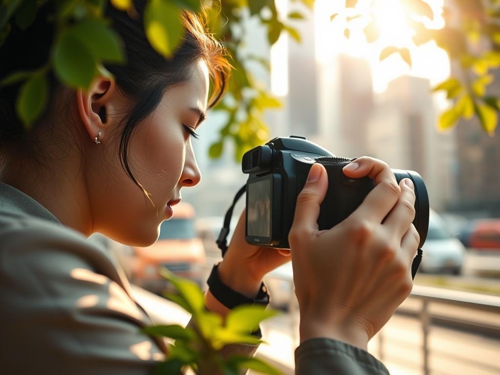 A close-up view of a beginner photographer in a well-lit outdoor setting, using a DSLR camera in manual mode, focusing intently on a flower. The photographer, a young woman in a smart casual outfit, demonstrates concentration as she manually adjusts ISO, aperture, and shutter speed settings. In the background, a blurred cityscape gives context, indicating a bustling urban environment. Warm sunlight filters through leaves, creating dappled light on the scene and imparting a feeling of clarity and focus. The foreground should highlight the camera's settings display, showcasing common auto-ISO pitfalls like motion blur or overexposure. The mood conveys determination and learning, capturing the essence of overcoming common mistakes in photography. Stay focused, Ray Baker.