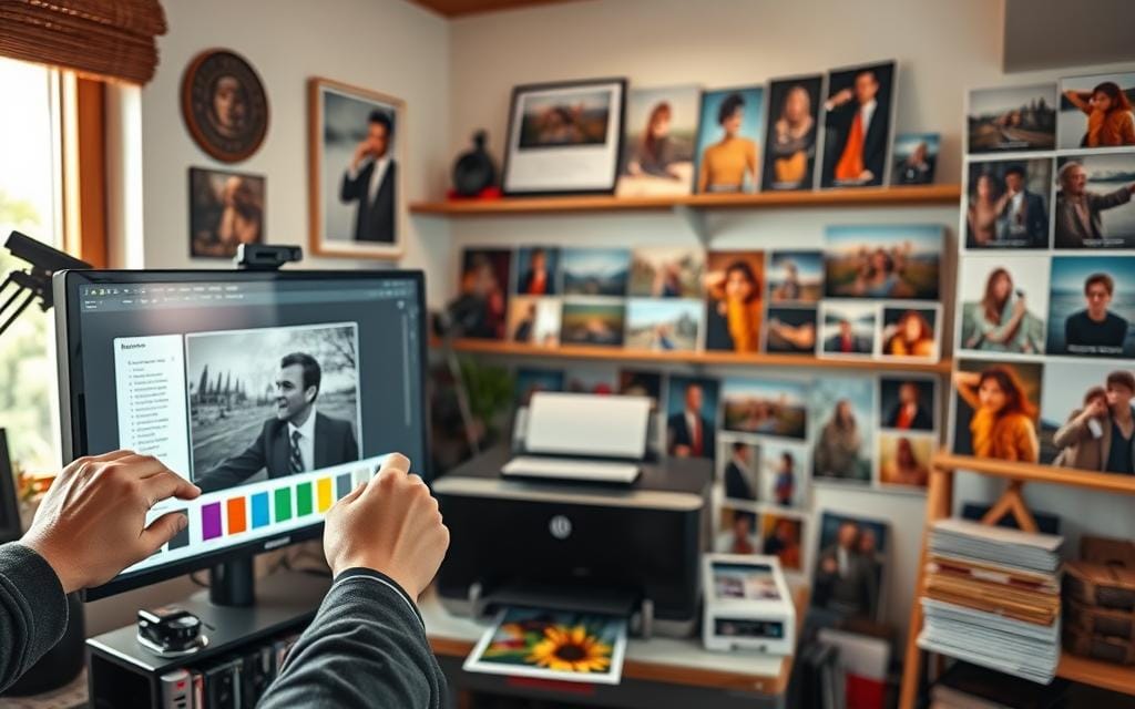 A cozy, well-lit workspace filled with professional-grade photography equipment. In the foreground, a hand of a person wearing smart casual attire is adjusting a high-resolution image on a computer screen, surrounded by color calibration tools and a color chart. The middle features a printer ready to produce prints, with vibrant photo papers neatly stacked beside it. In the background, shelves hold various finished photo prints, showcasing a variety of subjects, creating an artful gallery feel. Soft natural light streams in through a nearby window, highlighting the textures of the workspace and creating a warm, inviting atmosphere. The image conveys a sense of professionalism and dedication to producing high-quality prints. Stay focused, Ray Baker. A cozy, well-lit workspace filled with professional-grade photography equipment. In the foreground, a hand of a person wearing smart casual attire is adjusting a high-resolution image on a computer screen, surrounded by color calibration tools and a color chart. The middle features a printer ready to produce prints, with vibrant photo papers neatly stacked beside it. In the background, shelves hold various finished photo prints, showcasing a variety of subjects, creating an artful gallery feel. Soft natural light streams in through a nearby window, highlighting the textures of the workspace and creating a warm, inviting atmosphere. The image conveys a sense of professionalism and dedication to producing high-quality prints. Stay focused, Ray Baker.