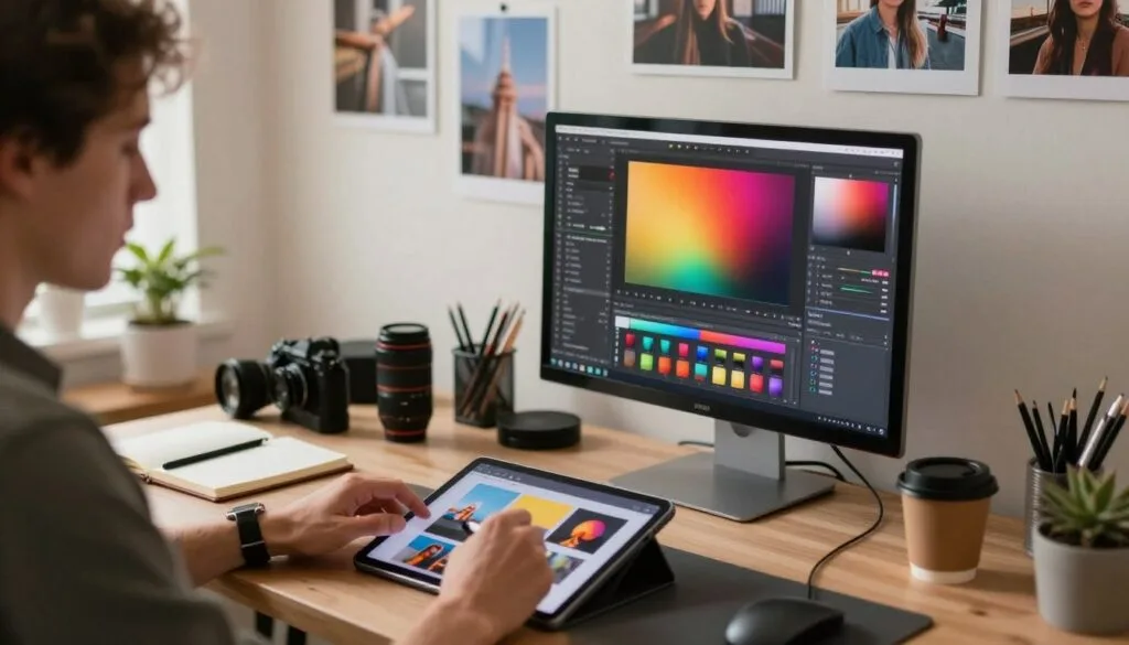 A creative workspace featuring a modern computer setup with vibrant photo editing software open on the screen, showcasing various colorful image layers and tools. In the foreground, a focused individual in smart casual attire works intently on a tablet, using a stylus to manipulate photos, demonstrating control and creativity. The middle ground features a stylish clutter-free desk adorned with photography accessories like lenses, a coffee cup, and a notebook. The background reveals a soft, blurred gallery of beautifully edited photographs displayed on the wall, illuminated by warm, natural light coming from a nearby window, creating an inspiring and motivating atmosphere. The angle captures an inviting perspective, making viewers feel part of the workflow process. Stay focused, Ray Baker.