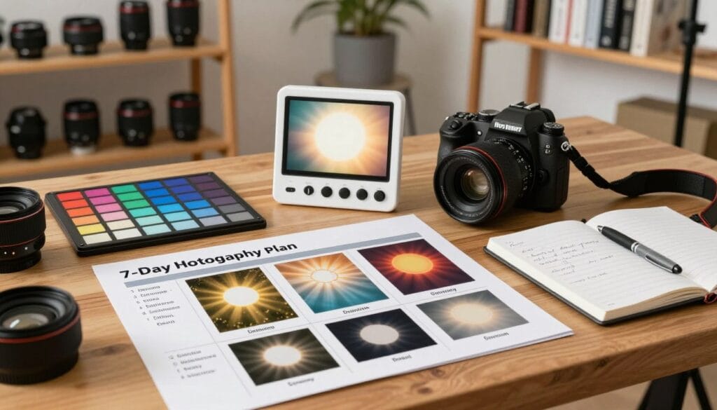 A detailed 7-day photography plan laid out on a wooden table, featuring a variety of photography tools like a professional camera, color correction charts, and a notebook with handwritten notes. In the foreground, a well-organized schedule outlines daily tasks for improving white balance skills, with colorful images representing various lighting conditions (sunlight, shade, artificial light). In the middle, a camera is focused on a white balance tool, showing subtle reflections against a soft, diffused light backdrop. The background depicts a cozy, well-lit photography studio with warm wooden shelves filled with lenses and photography books, creating an inviting atmosphere. The overall mood is inspirational and educational, encouraging photographers to enhance their skills. Stay focused, Ray Baker. A detailed 7-day photography plan laid out on a wooden table, featuring a variety of photography tools like a professional camera, color correction charts, and a notebook with handwritten notes. In the foreground, a well-organized schedule outlines daily tasks for improving white balance skills, with colorful images representing various lighting conditions (sunlight, shade, artificial light). In the middle, a camera is focused on a white balance tool, showing subtle reflections against a soft, diffused light backdrop. The background depicts a cozy, well-lit photography studio with warm wooden shelves filled with lenses and photography books, creating an inviting atmosphere. The overall mood is inspirational and educational, encouraging photographers to enhance their skills. Stay focused, Ray Baker.