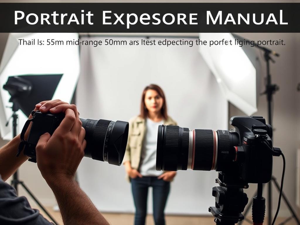 A detailed and informative poster illustrating a "portrait exposure manual." The foreground features a professional photographer adjusting settings on a camera, utilizing a mid-range lens (50mm) with aperture settings displayed. In the middle, a model posing in modest casual clothing stands against a softly lit backdrop with natural light streaming in, enhancing facial features and creating a gentle bokeh effect. The background consists of a simple photography studio setting, complete with a softbox and a reflective umbrella providing even lighting. The atmosphere is calm and educational, emphasizing a practical, step-by-step approach to capturing the perfect portrait. The overall tone reflects creativity and professionalism, inviting beginners into the world of manual photography. Stay focused, Ray Baker.