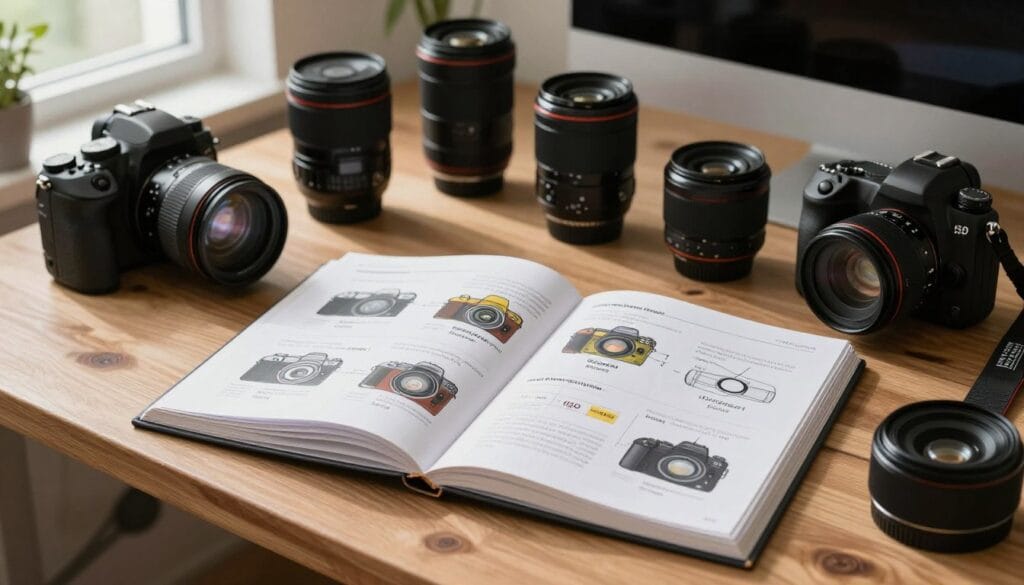 A detailed manual mode photography guide layout on a sturdy wooden surface, featuring an open photography book with colorful diagrams illustrating camera settings: shutter speed, aperture, ISO. Surrounding the book are high-quality camera gear, including a digital DSLR camera and an assortment of lenses. In the background, a well-organized workspace with soft, diffused natural light streaming through a window, casting gentle shadows. The overall atmosphere conveys a sense of creativity and professionalism, encouraging exploration. The composition should make the viewer feel inspired and ready to take control of their photography skills. Stay focused, Ray Baker.