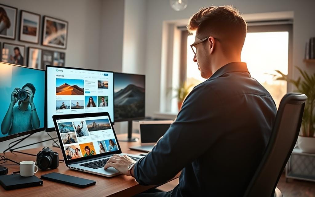 A digital workspace filled with modern technology, featuring a photographer's desk adorned with a stylish laptop displaying an email marketing platform. In the foreground, a professional photographer, dressed in smart casual attire, reviews a beautifully designed email campaign on the screen. The middle ground showcases vibrant graphics of photographs, email templates, and automated workflows intersecting, symbolizing automation. In the background, a window reveals a sunny day outside, evoking a sense of optimism and creativity. Soft, natural lighting filters through, creating an inviting atmosphere, while a wide-angle perspective captures the entire scene with depth. The mood is energetic yet focused, emphasizing the efficiency and creativity in automating email campaigns for photographers. Stay focused, Ray Baker.
