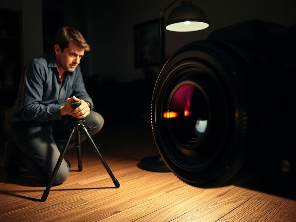A dimly lit indoor scene illustrating focus strategies in low-light photography. In the foreground, a professional photographer kneels beside a camera on a tripod, adjusting the focus ring, wearing smart casual clothing. The middle layer captures a close-up of the camera lens and the intricate buttons, with faint reflections of light enhancing the lens texture. In the background, there are soft, blurred silhouettes of dark furniture, giving a sense of an intimate environment. The lighting is soft and warm, casting gentle shadows to create depth, evoking a feeling of concentration and innovation. The overall atmosphere is contemplative and focused, perfect for illustrating the challenges of autofocus in darkness. Stay focused, Ray Baker.