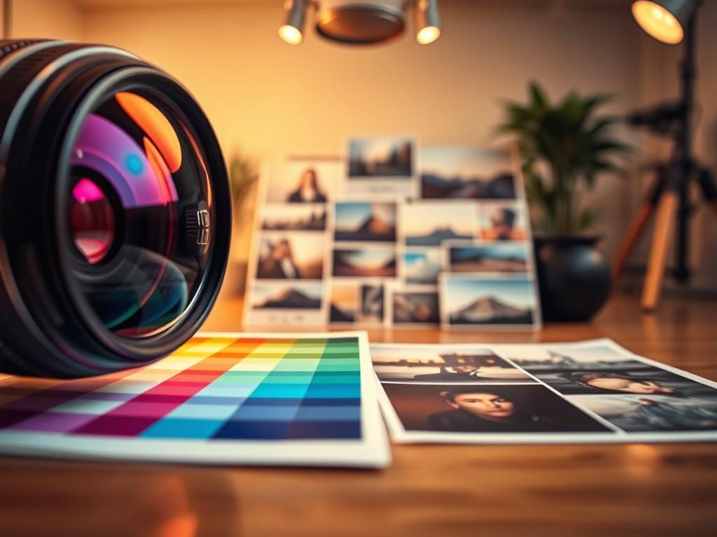 A dynamic composition split into three layers: in the foreground, a glossy camera lens reflecting vibrant colors, symbolizing contrast control, alongside a color chart displaying various tones and saturation levels. In the middle ground, an artistic arrangement of photographs showcases a range of images, some with striking contrast and others appearing flat and dull, emphasizing the difference in tonal quality. The background should feature a softly blurred photography studio with warm, diffused lighting, creating an inviting atmosphere. The overall mood should underscore the importance of contrast in photography, hinting at the pitfalls of poor tonal control. The lighting angles should be subtly directed to highlight the clarity of the images while enhancing the depth of field. Stay focused, Ray Baker.