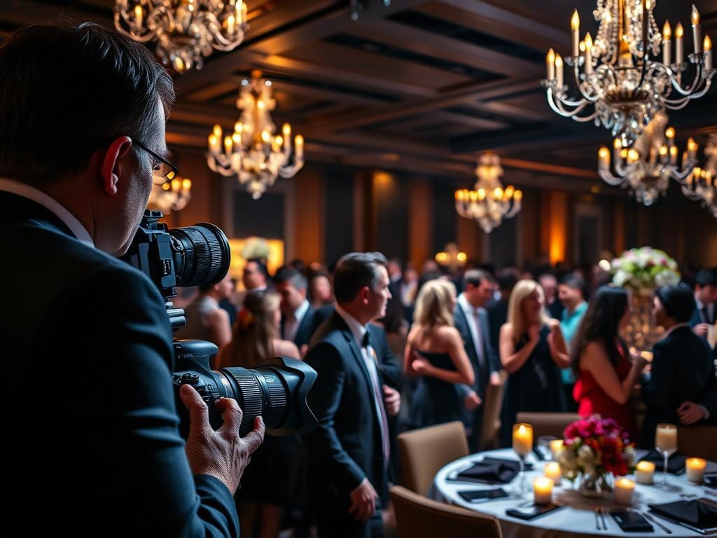A dynamic low-light event scene capturing professionals in action at a bustling gala. In the foreground, a photographer is poised with a camera, using a large lens, focused on the subjects, dressed in professional business attire. In the middle, a diverse group of elegantly dressed guests engaged in conversation and laughter, illuminated by warm ambient lighting from chandeliers above. The background features dimly lit tables adorned with candles and soft floral arrangements, creating an intimate atmosphere. The overall mood is energetic yet sophisticated, with an emphasis on the subtle interplay of shadows and highlights, showcasing the art of low-light photography. Stay focused, Ray Baker.