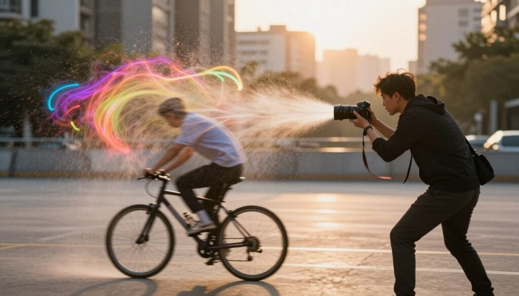 A dynamic scene showcasing creative techniques using shutter speed in photography. In the foreground, a photographer in smart casual clothing captures a high-speed object, like a cyclist or a dancer in motion, with a camera equipped with a wide aperture lens, emphasizing motion blur. In the middle ground, a vibrant spray of colors emerges as the subject moves, swirling light trails and sharp contrasts, while capturing the essence of movement. The background features a softly blurred urban landscape during golden hour, enhancing the warm atmosphere with sun rays filtering through buildings. The overall mood is energetic and inspiring, illustrating the artistic possibilities of shutter speed to freeze action and convey motion creatively. Stay focused, Ray Baker.