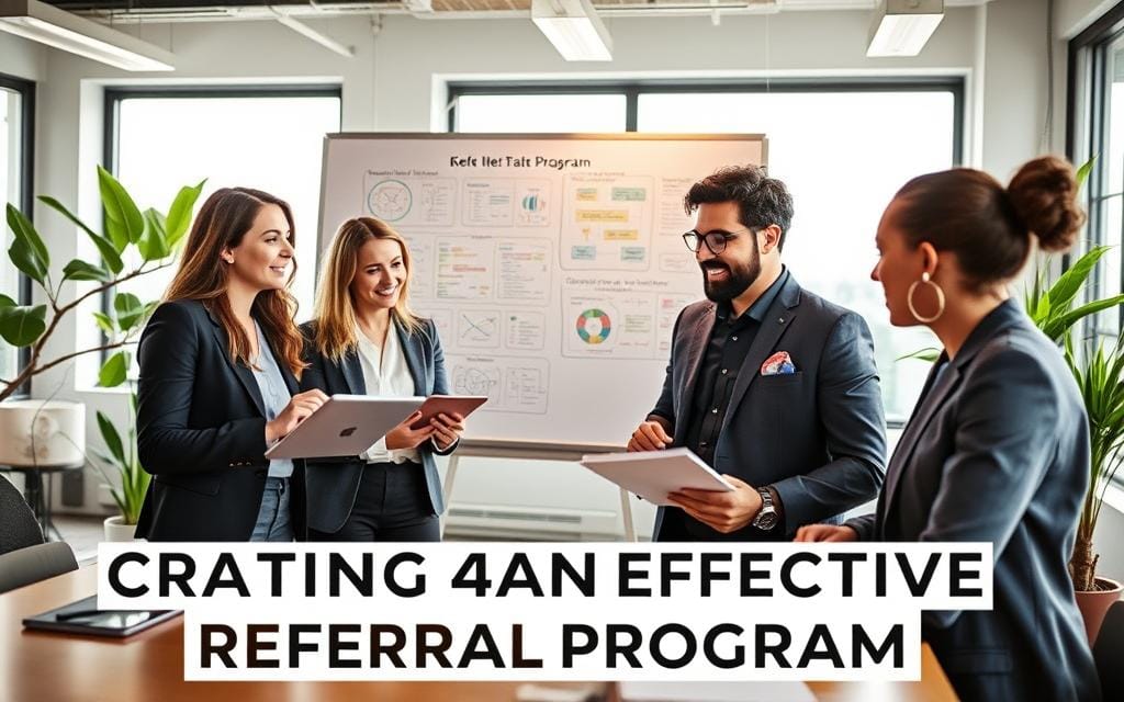 A dynamic workspace scene illustrating the concept of "Crafting an Effective Referral Program." In the foreground, a diverse group of professionals—two women and one man—are engaged in a brainstorming session, showcasing their ideas on a digital tablet and a notepad. They are dressed in smart business attire, conveying a sense of collaboration and creativity. In the middle ground, a large whiteboard displays colorful diagrams and flowcharts, symbolizing strategies and customer engagement. The background features a bright, modern office environment with plants and natural light streaming through large windows, creating an inspiring atmosphere. The overall mood is energetic and focused, with warm lighting enhancing the inviting vibe of teamwork and innovation. Stay focused, Ray Baker.