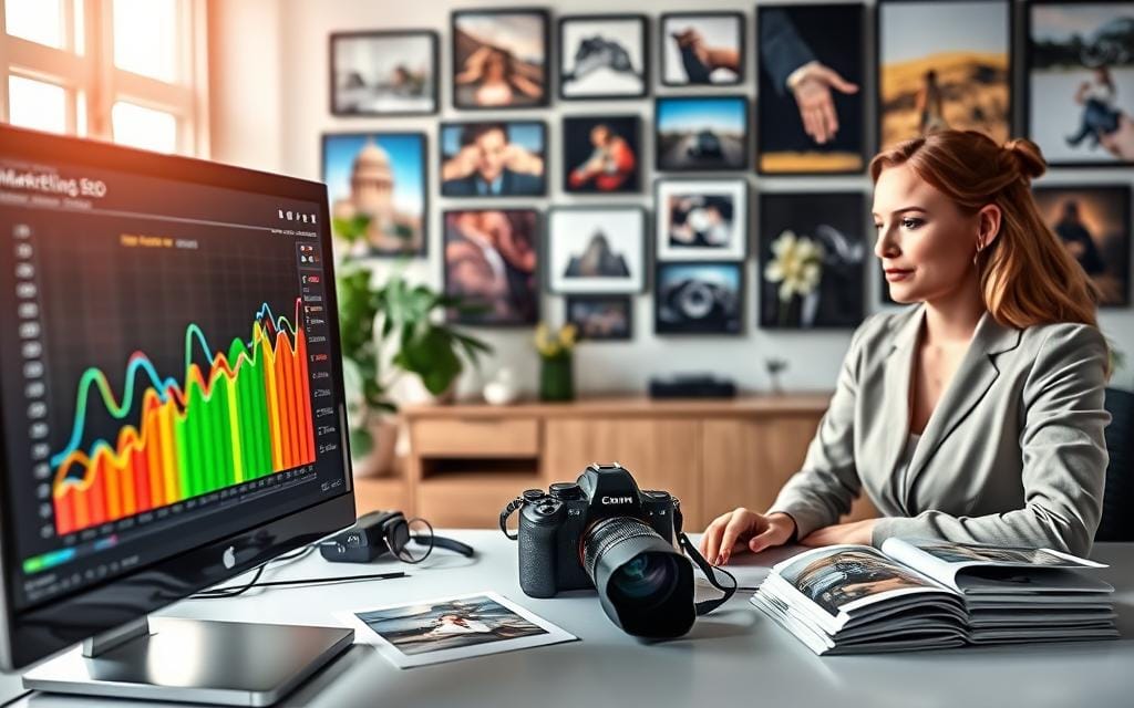 A dynamic workspace showcasing the concept of marketing and SEO for photography. In the foreground, a computer screen displays a colorful graph with analytics and SEO metrics highlighted in vibrant colors. A professional woman in business attire, focused and engaged, is seated at a sleek desk. In the middle ground, a stylish camera and photo prints are neatly arranged alongside marketing materials like brochures and business cards. The background features a wall adorned with beautifully framed photographs, showcasing various styles of photography. Soft natural lighting filters through a window, creating a warm and inviting atmosphere. The scene conveys a sense of creativity, professionalism, and strategic thinking. Stay focused, Ray Baker. A dynamic workspace showcasing the concept of marketing and SEO for photography. In the foreground, a computer screen displays a colorful graph with analytics and SEO metrics highlighted in vibrant colors. A professional woman in business attire, focused and engaged, is seated at a sleek desk. In the middle ground, a stylish camera and photo prints are neatly arranged alongside marketing materials like brochures and business cards. The background features a wall adorned with beautifully framed photographs, showcasing various styles of photography. Soft natural lighting filters through a window, creating a warm and inviting atmosphere. The scene conveys a sense of creativity, professionalism, and strategic thinking. Stay focused, Ray Baker.