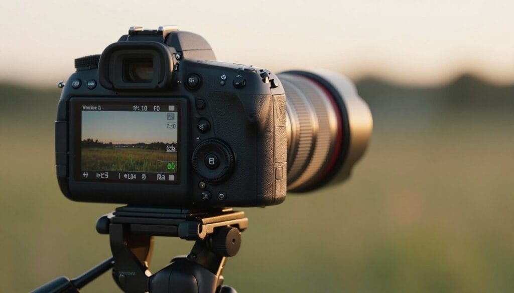 A high-end DSLR camera positioned on a sturdy tripod in the foreground, featuring the mirror lock-up mechanism visibly engaged, with a close-up showing the camera's settings displayed on the screen. In the middle ground, a digital display showcases the vibration reduction settings, with a clear, sharp image of a landscape visible through the camera lens. In the background, a serene outdoor setting during golden hour, with soft, diffused lighting enhancing the details of the scene. The atmosphere is calm and focused, ideal for photography enthusiasts aiming to improve their skills. The image conveys professionalism and technical mastery, emphasizing clarity and precision in capturing sharp photographs. Stay focused, Ray Baker. A high-end DSLR camera positioned on a sturdy tripod in the foreground, featuring the mirror lock-up mechanism visibly engaged, with a close-up showing the camera's settings displayed on the screen. In the middle ground, a digital display showcases the vibration reduction settings, with a clear, sharp image of a landscape visible through the camera lens. In the background, a serene outdoor setting during golden hour, with soft, diffused lighting enhancing the details of the scene. The atmosphere is calm and focused, ideal for photography enthusiasts aiming to improve their skills. The image conveys professionalism and technical mastery, emphasizing clarity and precision in capturing sharp photographs. Stay focused, Ray Baker.
