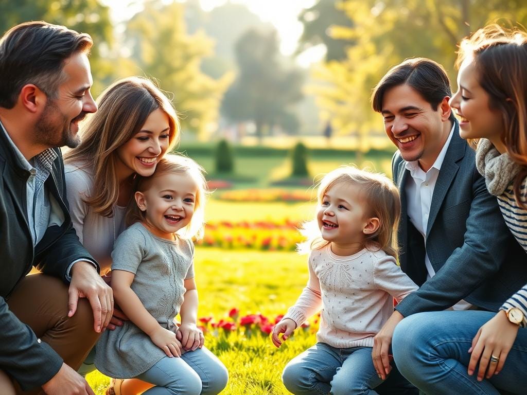 A joyful family scene in a bright, sunlit park, where parents are kneeling at eye level with their two children, creating an intimate moment. The parents, dressed in casual yet smart attire, wear warm smiles as they engage with their kids, who are playfully laughing. The foreground features the family's faces close together, showcasing their expressions filled with joy and connection. In the middle, lush green grass and colorful flower beds create a vibrant atmosphere, while a few trees can be seen in the background, softly blurred to focus on the family. The lighting is soft and natural, with golden hour sunlight casting a warm glow, enhancing the heartfelt scene. The mood is warm, inviting, and full of love, reflecting a genuine family bond. Stay focused, Ray Baker.