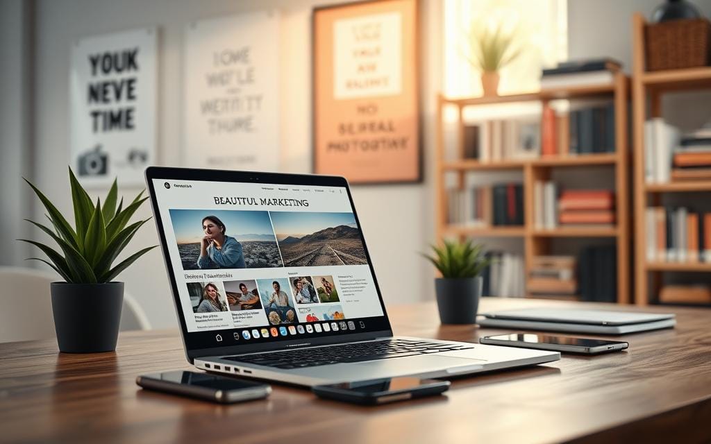 A modern office desk setup for email marketing in the photography industry. In the foreground, a sleek laptop is open, displaying a visually appealing email template featuring beautiful photography. A stylish smartphone rests beside it, with photography apps open. The middle ground shows soft, natural light pouring in through a window, illuminating motivational posters related to photography and marketing strategy. A stylish plant adds a touch of greenery. The background features a slightly blurred bookshelf filled with photography books and marketing guides. The overall atmosphere is professional and creative, evoking a sense of productivity and inspiration for photographers looking to attract new clients. Soft focus and warm lighting enhance the inviting ambiance. Stay focused, Ray Baker.