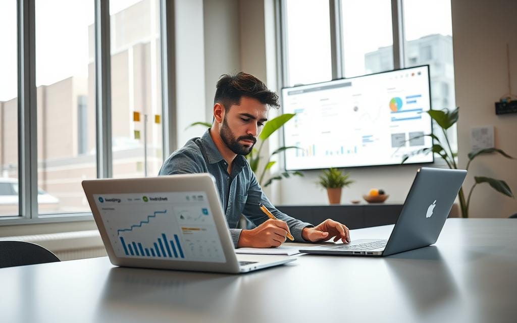 A modern office workspace with a sleek, minimalist design, featuring a large desk with a laptop open to a data analytics dashboard displaying charts and graphs. In the foreground, a focused professional in smart casual attire analyzes the data, jotting down notes. The middle layer includes a wall-mounted screen showcasing visualized insights that enhance the inquiry process, surrounded by strategic planning materials like sticky notes and flowcharts. In the background, tall windows let in natural light, illuminating a vibrant green plant, creating a calm and inspiring atmosphere. The overall mood conveys a sense of motivation and clarity, emphasizing data-driven decision-making. Soft, warm lighting enhances the inviting tone. Stay focused, Ray Baker.