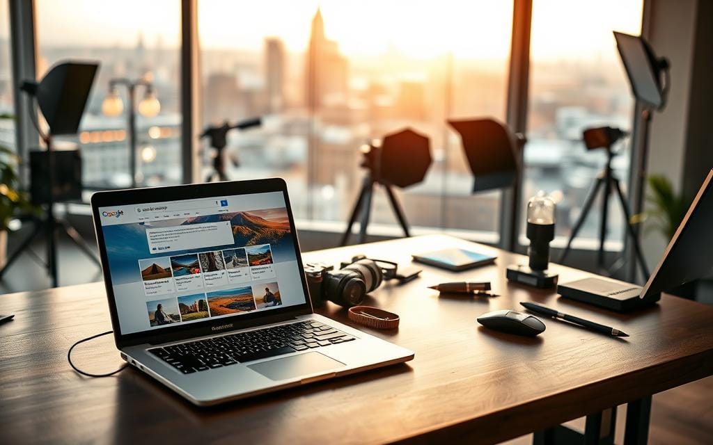 A modern photographer's workspace showcasing the concept of "Google Business for Photographers." In the foreground, an elegant, stylish desktop with a laptop displaying a Google Business profile, vibrant photographs of landscapes and portraits perfectly arranged. The middle ground features tools of the trade, like a camera, tripod, and light reflectors, indicating an active business setup. In the background, a blurred image of a local cityscape with recognizable landmarks, conveying a sense of community and locality. Soft, natural light pours in from a nearby window, creating warm highlights throughout the scene. The atmosphere feels professional yet inviting, suggesting success and connectivity through local SEO. Stay focused, Ray Baker.