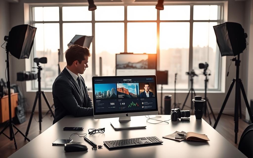 A modern photography studio setup showcasing a computer on a sleek desk displaying a vibrant photography website. In the foreground, a professional photographer in smart business attire reviews SEO analytics on a laptop, focusing intently. The middle layer includes various photography equipment like cameras, lenses, and softboxes, contributing to the creative environment. In the background, large windows let in soft, natural light, creating a warm and inviting atmosphere. The scene emphasizes strategic content structuring, with visual cues like highlighted keywords and graphs subtly integrated into the environment. The overall mood conveys professionalism, creativity, and the importance of SEO in enhancing website conversion. Stay focused, Ray Baker.