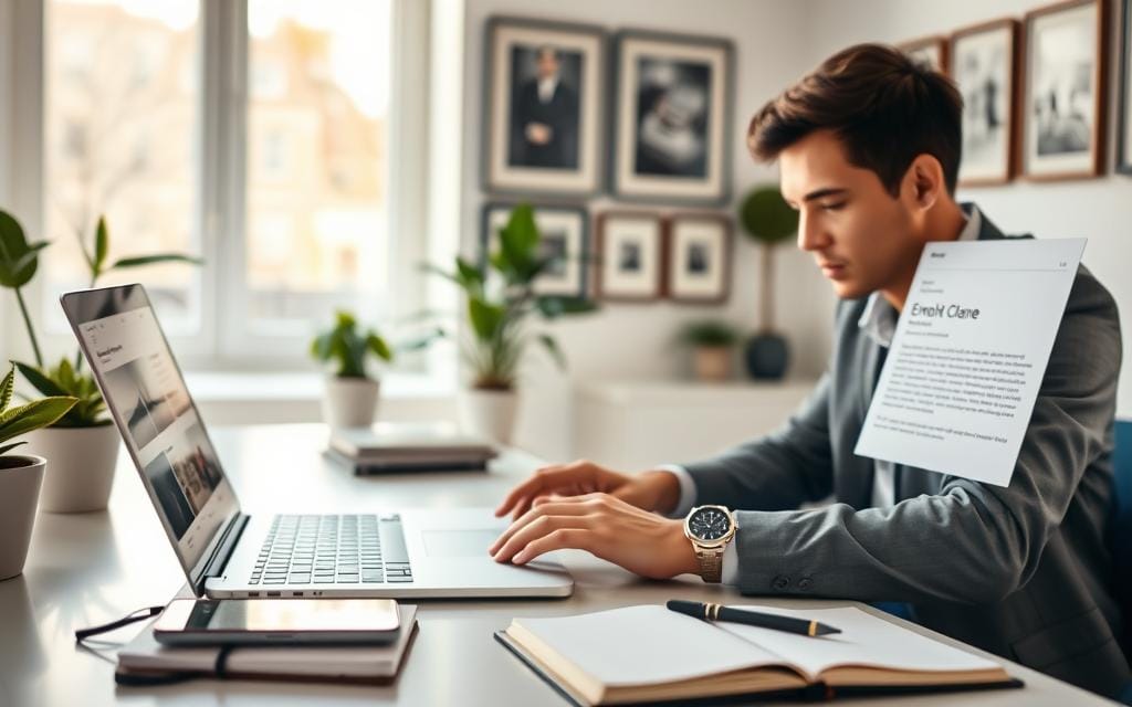 A modern photography workspace featuring an elegant, minimalist desk with a laptop open to an email template for client inquiries. In the foreground, a professional photographer, dressed in smart casual attire, types on the keyboard, appearing focused and engaged. The middle layer includes a sleek smartphone displaying photography portfolios and a notebook filled with notes and creative ideas. Soft, natural light streams in from a window in the background, illuminating the scene with a warm glow, while potted plants add a touch of greenery. A blurred backdrop showcases a tasteful gallery wall of framed photographs, enhancing the artistic ambiance. The mood is calm and productive, emphasizing the efficiency and creativity in leveraging email templates to streamline workflow. Stay focused, Ray Baker.