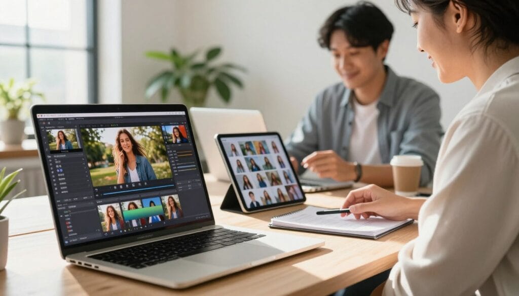 A modern workspace featuring a digital photo editing setup. In the foreground, a laptop screen displays a vibrant and polished final image ready for export, along with a progress bar indicating the export process. To the side, a neatly arranged tablet shows a gallery of thumbnails representing the edited photos. In the middle ground, a professional individual wearing business casual attire is actively sharing images on social media and cloud platforms, with a look of satisfaction as they multitask. The background is a bright, minimalist office with plants for a refreshing atmosphere. Soft, natural sunlight pours through a window, casting warm light across the workspace, creating an inviting and focused mood. Stay focused, Ray Baker. A modern workspace featuring a digital photo editing setup. In the foreground, a laptop screen displays a vibrant and polished final image ready for export, along with a progress bar indicating the export process. To the side, a neatly arranged tablet shows a gallery of thumbnails representing the edited photos. In the middle ground, a professional individual wearing business casual attire is actively sharing images on social media and cloud platforms, with a look of satisfaction as they multitask. The background is a bright, minimalist office with plants for a refreshing atmosphere. Soft, natural sunlight pours through a window, casting warm light across the workspace, creating an inviting and focused mood. Stay focused, Ray Baker.