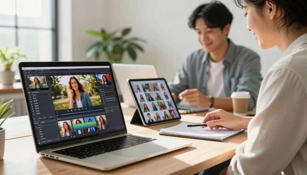 A modern workspace featuring a digital photo editing setup. In the foreground, a laptop screen displays a vibrant and polished final image ready for export, along with a progress bar indicating the export process. To the side, a neatly arranged tablet shows a gallery of thumbnails representing the edited photos. In the middle ground, a professional individual wearing business casual attire is actively sharing images on social media and cloud platforms, with a look of satisfaction as they multitask. The background is a bright, minimalist office with plants for a refreshing atmosphere. Soft, natural sunlight pours through a window, casting warm light across the workspace, creating an inviting and focused mood. Stay focused, Ray Baker.