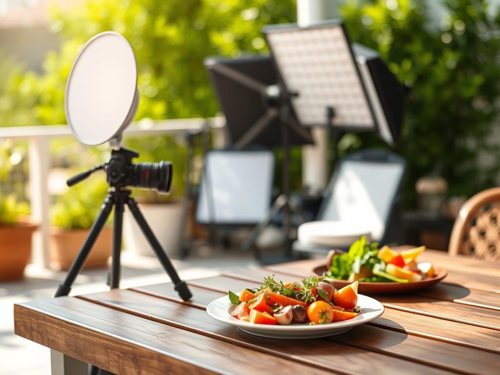 A portable food photography setup on a bright, sunlit outdoor patio. In the foreground, a minimalist wooden table holds an assortment of colorful ingredients, like fresh vegetables and herbs, styled elegantly on a white plate. An adjustable tripod with a DSLR camera captures the scene, while a soft reflector enhances the natural light, creating gentle highlights. In the middle ground, a collection of portable lighting equipment like LED panels and diffusers are neatly arranged, showcasing the practicality of on-location setups. In the background, blurred green foliage adds a natural ambiance. The mood is warm and inviting, making simple meals look appetizing and photogenic. Emphasize a clean composition without any people or distractions. Stay focused, Ray Baker.