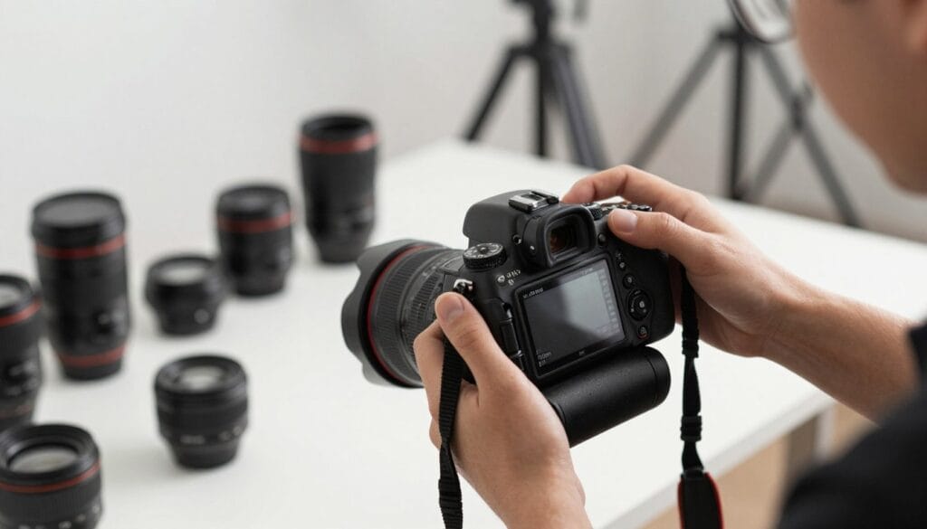 A professional photographer in a modern studio, intently adjusting the camera settings on a high-end DSLR. In the foreground, the camera is prominently displayed with clear settings visible on its LCD screen, highlighting options for focus area modes like single-point, zone, and wide-area focus. The middle ground features a beautifully arranged background of photographic accessories, such as lenses and a tripod, softly blurred to emphasize the camera. The lighting is bright and soft, casting gentle shadows, creating a focused yet dynamic atmosphere in the studio. The camera is angled slightly downward, adding depth to the composition, while the overall feel is one of precision and expertise. Stay focused, Ray Baker. A professional photographer in a modern studio, intently adjusting the camera settings on a high-end DSLR. In the foreground, the camera is prominently displayed with clear settings visible on its LCD screen, highlighting options for focus area modes like single-point, zone, and wide-area focus. The middle ground features a beautifully arranged background of photographic accessories, such as lenses and a tripod, softly blurred to emphasize the camera. The lighting is bright and soft, casting gentle shadows, creating a focused yet dynamic atmosphere in the studio. The camera is angled slightly downward, adding depth to the composition, while the overall feel is one of precision and expertise. Stay focused, Ray Baker.