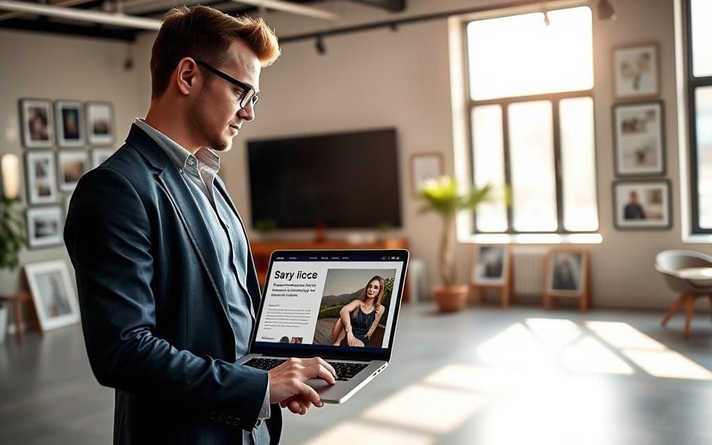 A professional photographer stands in a well-lit, modern studio, reviewing a sleek and organized website design on a laptop, emphasizing clear service pages for potential clients. In the foreground, the photographer is dressed in smart casual attire, exuding a confident and approachable demeanor. The middle ground features the laptop screen, showcasing an elegant web layout with neatly arranged text and images, illustrating photography services. The background reveals beautifully arranged photography prints on the walls, enhancing the creative atmosphere. Bright, natural light streams through large windows, casting a warm glow and creating a welcoming ambiance. The overall mood is inspiring and focused, conveying professionalism and clarity in the art of photography website conversion. Stay focused, Ray Baker.
