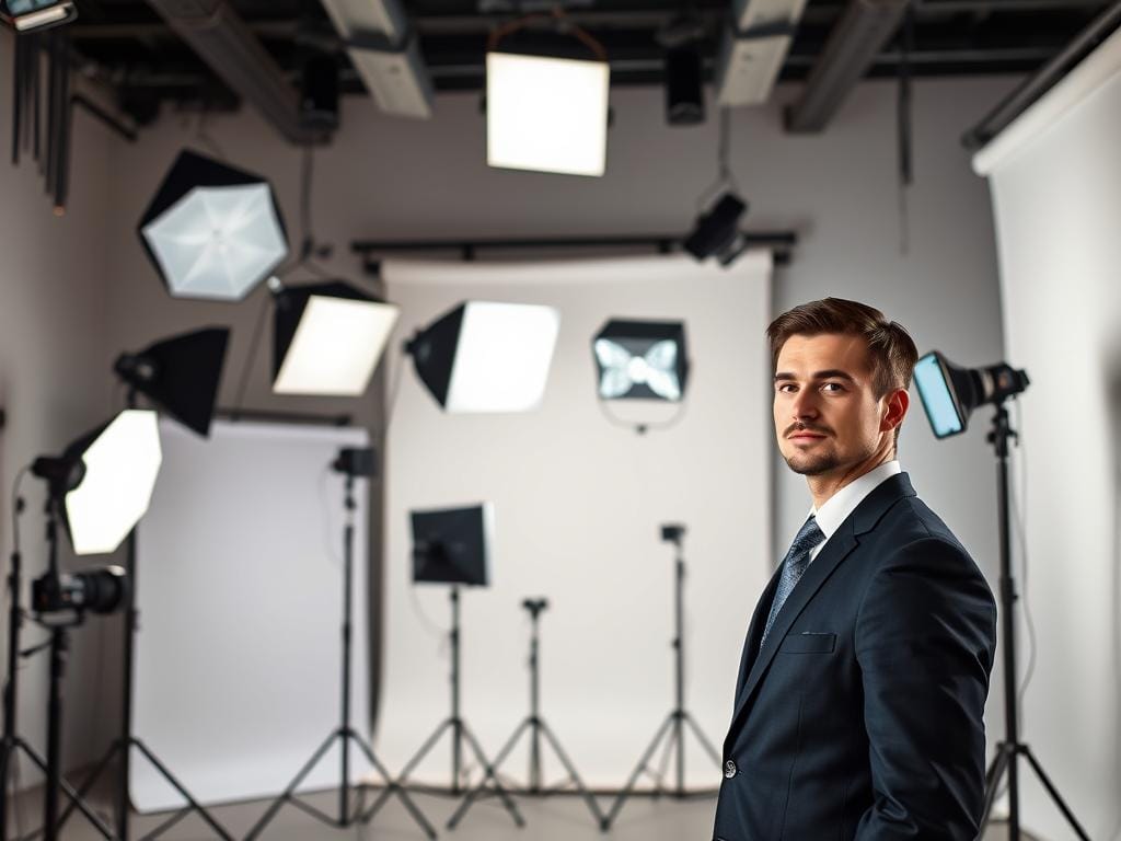 A professional photographer's studio featuring a diverse range of portrait lighting setups. In the foreground, a well-groomed model in a smart business suit stands before a soft white backdrop, showcasing ideal headshot angles. The middle ground displays a clear demonstration of four distinct lighting patterns: loop, butterfly, short, and broad lighting, each created using various softbox arrangements and overhead lights. A light meter rests nearby, suggesting precise settings. The background includes a neatly organized array of photography equipment. The overall atmosphere is focused, clean, and professional with soft, flattering light illuminating the model's face, emphasizing a polished, headshot-ready look. Stay focused, Ray Baker.