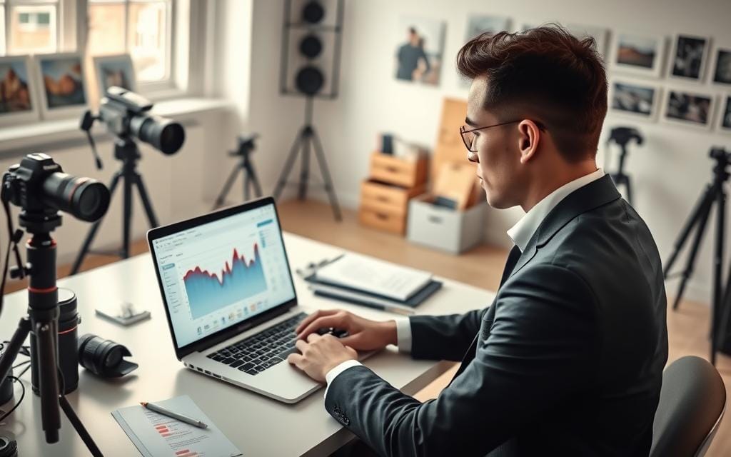 A professional photographer's workspace, featuring a sleek laptop displaying a vibrant SEO analytics dashboard, surrounded by photography equipment like a camera, lenses, and a tripod. In the foreground, a person in smart business attire attentively analyzes data on the screen, portraying focus and determination. The middle layer includes a clutter-free, modern desk with notes and keywords highlighted, emphasizing strategy and planning. The background features a bright, airy studio with natural light streaming in, showcasing photography prints on the walls for inspiration. The overall atmosphere is motivated and creative, symbolizing the fusion of art and marketing. Soft lighting enhances the inviting environment, creating an energetic and productive vibe. Stay focused, Ray Baker.