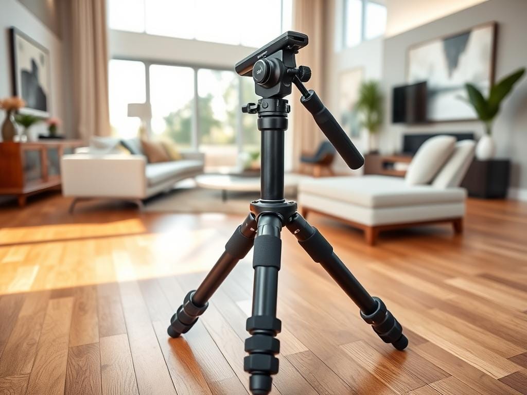 A professional tripod designed specifically for real estate photography, featuring sturdy legs with rubber grips for stability. In the foreground, the tripod stands on a polished hardwood floor with an interior room backdrop showcasing a bright and spacious living area. The middle ground includes stylish furniture and decor, such as a sleek sofa, elegant coffee table, and tasteful wall art that enhance the sense of space and elegance. The lighting is bright and natural, pouring in through large windows, casting soft shadows and highlighting the room’s features. The angle is slightly low to emphasize the height of the room, creating an inviting atmosphere. The overall mood is crisp and professional, perfect for showcasing real estate properties. Stay focused, Ray Baker.