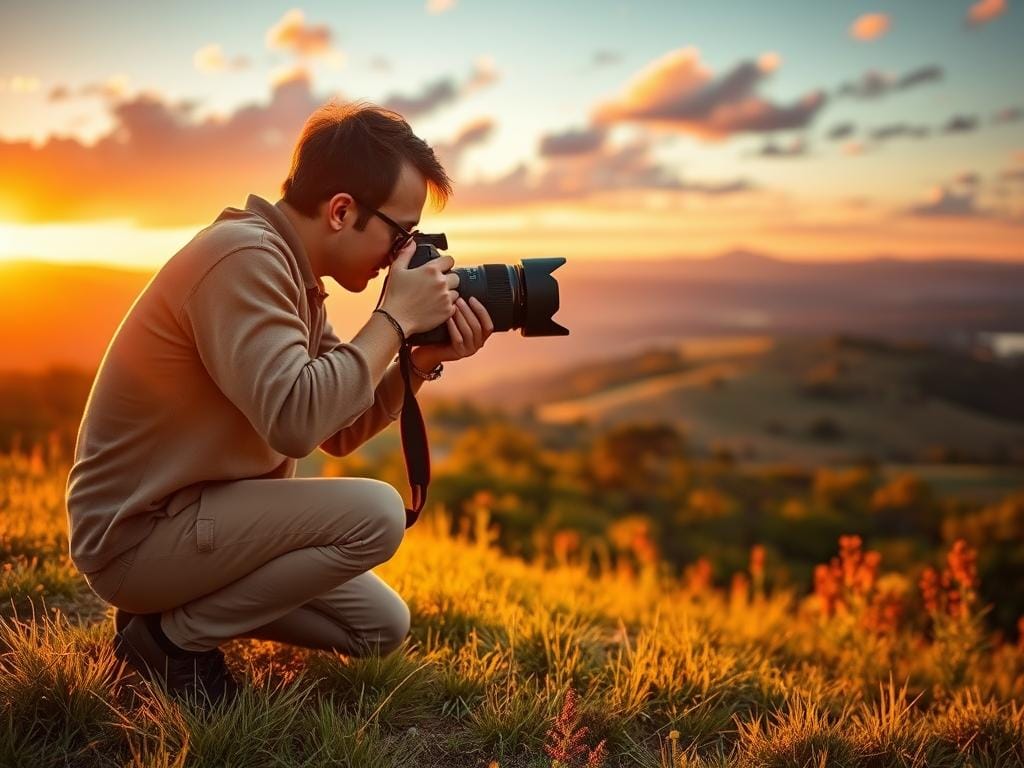 A serene golden hour scene featuring a professional photographer in modest casual clothing, kneeling on a grassy hillside. In the foreground, they adjust a DSLR camera with a wide-angle lens, focusing on a soft, glowing landscape bathed in warm amber and orange hues. In the middle ground, a stunning view of rolling hills and trees reflects the golden light, while vibrant wildflowers sway gently in the breeze. The background showcases a picturesque sunset sky, with scattered clouds illuminated in shades of pink and purple. The overall mood is tranquil and inspiring, emphasizing the beauty of golden hour conditions for photography. Soft, diffused lighting creates a magical atmosphere, perfect for capturing warm, valuable images. Stay focused, Ray Baker.