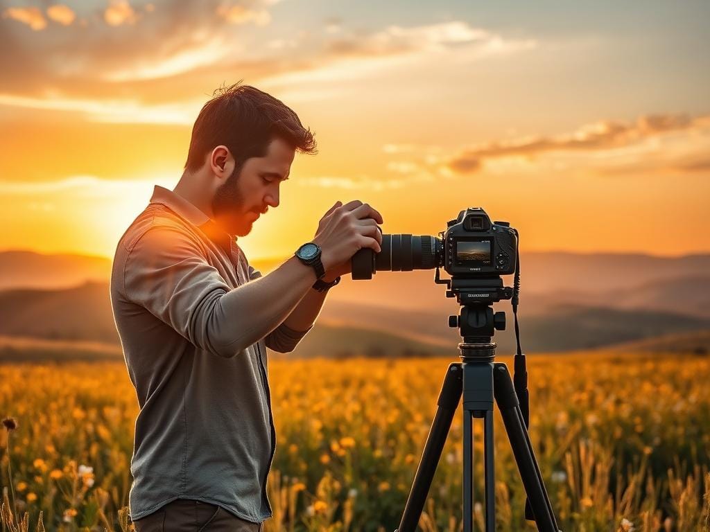 A serene landscape at golden hour, showcasing a radiant sky filled with warm hues of orange, pink, and soft yellow. In the foreground, a professional photographer in modest casual clothing, intently adjusting the manual white balance setting on their camera, with a RAW image viewer displayed on the camera screen. The middle ground features a picturesque field of wildflowers bathed in warm sunlight, with the photographer’s tripod set up to capture the scene. In the background, rolling hills and a distant sun setting behind the horizon create a tranquil atmosphere. The soft, diffused lighting emphasizes the warmth of the scene, reflecting the essence of golden hour. Capture this moment with a shallow depth of field to highlight the photographer’s meticulous approach. Stay focused, Ray Baker.