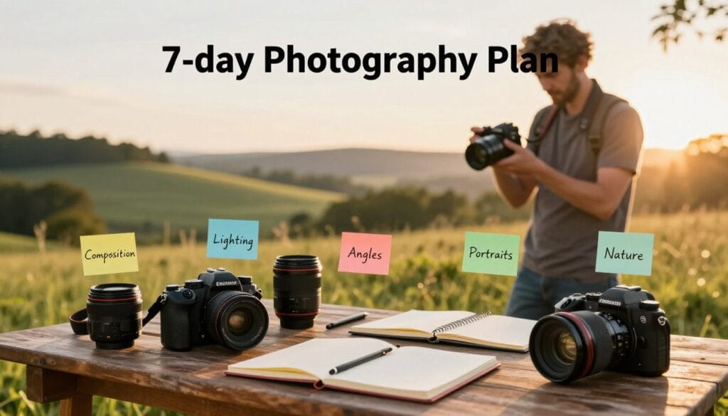 A serene outdoor scene depicting a 7-day photography plan that visually illustrates each day's focus. In the foreground, a wooden table cluttered with photography gear: a camera, lens, notebook, and colorful sticky notes indicating daily tasks like "Composition," "Lighting," "Angles," "Editing," "Portraits," "Nature," and "Final Review." In the middle ground, a photographer in casual attire is seen adjusting their camera settings, showing intent focus. The background features a scenic landscape, softly lit by golden-hour sunlight, with vibrant colors enhancing the atmosphere of creativity and inspiration. The overall mood is encouraging and motivational, promoting a sense of growth in photography skills. Stay focused, Ray Baker. A serene outdoor scene depicting a 7-day photography plan that visually illustrates each day's focus. In the foreground, a wooden table cluttered with photography gear: a camera, lens, notebook, and colorful sticky notes indicating daily tasks like "Composition," "Lighting," "Angles," "Editing," "Portraits," "Nature," and "Final Review." In the middle ground, a photographer in casual attire is seen adjusting their camera settings, showing intent focus. The background features a scenic landscape, softly lit by golden-hour sunlight, with vibrant colors enhancing the atmosphere of creativity and inspiration. The overall mood is encouraging and motivational, promoting a sense of growth in photography skills. Stay focused, Ray Baker.