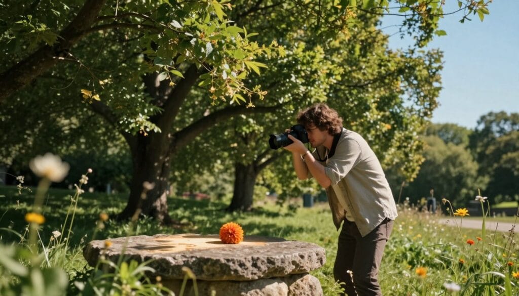 A serene outdoor scene showcasing a photographer in a modest casual outfit, strategically using natural elements to direct sunlight onto a subject, such as a vibrant flower or a textured stone surface. In the foreground, soft grass and delicate wildflowers frame the photographer, who is adjusting their camera angle, capturing the play of light. The middle ground features large, leafy trees creating dappled sunlight patterns, while a gentle breeze subtly moves the leaves. In the background, a clear blue sky enhances the warm tones of the sunlight. The atmosphere is peaceful, with a sense of creativity and harmony with nature, evoking the magic of natural light photography. Stay focused, Ray Baker.