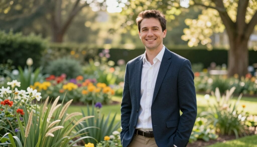 A serene outdoor setting displaying a visually striking portrait composition. In the foreground, a cheerful individual dressed in smart casual attire stands confidently with a soft, engaging smile, their posture relaxed yet poised. The middle-ground features a lush garden with vibrant flowers and gently swaying grasses providing depth. In the background, sunlight filters through the trees, casting dappled light that creates an ethereal atmosphere. The scene is captured with a shallow depth of field using a 50mm lens, emphasizing the subject while naturally blurring the background. The overall mood exudes warmth and approachability, inviting viewers to appreciate the interplay of light and nature's beauty in portrait photography. Stay focused, Ray Baker. A serene outdoor setting displaying a visually striking portrait composition. In the foreground, a cheerful individual dressed in smart casual attire stands confidently with a soft, engaging smile, their posture relaxed yet poised. The middle-ground features a lush garden with vibrant flowers and gently swaying grasses providing depth. In the background, sunlight filters through the trees, casting dappled light that creates an ethereal atmosphere. The scene is captured with a shallow depth of field using a 50mm lens, emphasizing the subject while naturally blurring the background. The overall mood exudes warmth and approachability, inviting viewers to appreciate the interplay of light and nature's beauty in portrait photography. Stay focused, Ray Baker.