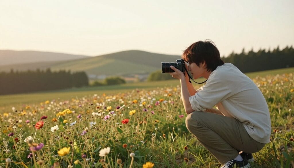A serene outdoor setting during golden hour, capturing a creative photographer experimenting with minimal gear. The foreground features a person in modest casual clothing, crouching beside a flower-dotted field, using a simple point-and-shoot camera. In the middle ground, the soft, diffused light enhances the vibrant colors of the flowers and the subject's focused expression. The background reveals a tranquil landscape with rolling hills and a distant forest, bathed in warm sunlight. The overall mood is inviting and inspirational, highlighting the beauty of natural light and simplicity in photography. Emphasize the joy of creativity, using depth of field to softly blur the background while keeping the foreground sharp. Stay focused, Ray Baker.