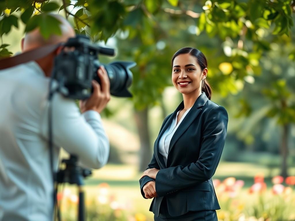 A serene outdoor setting featuring a professional photographer capturing a portrait of a model dressed in stylish, modest business attire. In the foreground, the model stands confidently, gazing slightly off-camera with a warm smile, framed by soft, natural light filtering through tree branches. The middle ground showcases a carefully selected background of gentle, blurred greenery and colorful flowers, enhancing the subject without distraction. The bright yet diffused sunlight creates a soft, inviting atmosphere, ideal for highlighting the model's features. The image is shot from a slightly upward angle, using a focal length that blurs the background effectively, ensuring the focus remains on the model. The overall composition radiates professionalism and approachability, perfect for showcasing effective background selection in portrait photography. Stay focused, Ray Baker.