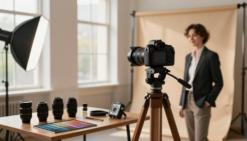 A serene photography studio, showcasing a well-organized setup for various styles. In the foreground, a detailed vintage wooden tripod holds a high-quality DSLR camera, pointing towards a soft-lit indoor portrait scene with a professional model dressed in business attire, smiling gently. The middle ground features a table with different lenses, light meters, and color charts for portrait, landscape, and macro photography, all arranged neatly. In the background, large windows filter natural light, creating a warm, inviting atmosphere, while soft shadows play across the room. A backdrop with textured fabric complements the settings, enhancing the mood of creativity and artistic exploration. The image should convey professionalism and inspiration for photographers aiming to master their craft. Stay focused, Ray Baker.