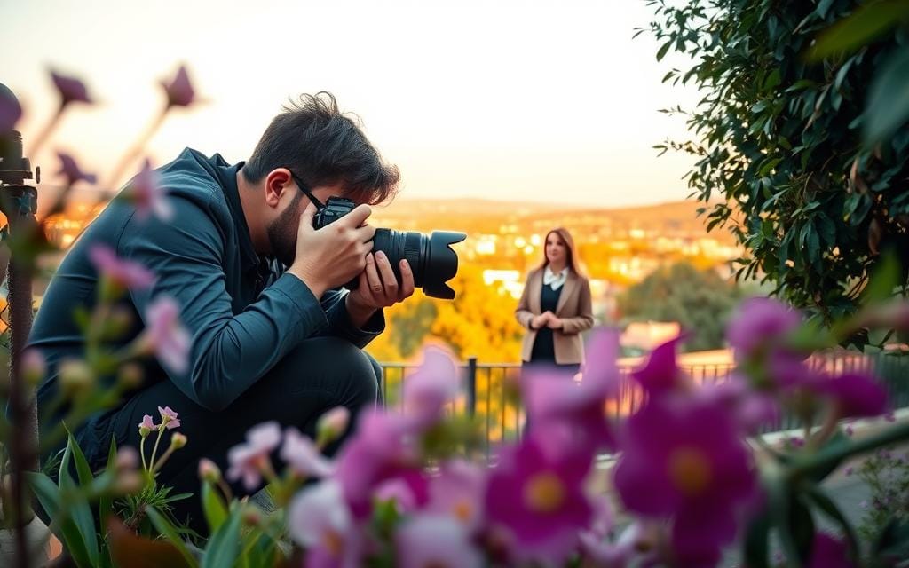 A serene, well-composed behind-the-scenes shot of a photographer in action, crouched behind the lens of a DSLR camera, capturing a candid moment. In the foreground, vibrant nature frames the photographer, highlighting delicate flowers in bloom, and soft greenery. The middle ground features a model in professional attire, engaged and expressive, as they interact naturally within the scene. The background subtly blends into a picturesque landscape, perhaps a lush park or a charming urban setting, bathed in warm, golden hour light. The atmosphere is inviting and intimate, evoking a sense of storytelling and connection through photography. The angle is slightly tilted upward, capturing both the photographer’s attentive gaze through the lens and the vibrant world around them. Stay focused, Ray Baker. A serene, well-composed behind-the-scenes shot of a photographer in action, crouched behind the lens of a DSLR camera, capturing a candid moment. In the foreground, vibrant nature frames the photographer, highlighting delicate flowers in bloom, and soft greenery. The middle ground features a model in professional attire, engaged and expressive, as they interact naturally within the scene. The background subtly blends into a picturesque landscape, perhaps a lush park or a charming urban setting, bathed in warm, golden hour light. The atmosphere is inviting and intimate, evoking a sense of storytelling and connection through photography. The angle is slightly tilted upward, capturing both the photographer’s attentive gaze through the lens and the vibrant world around them. Stay focused, Ray Baker.