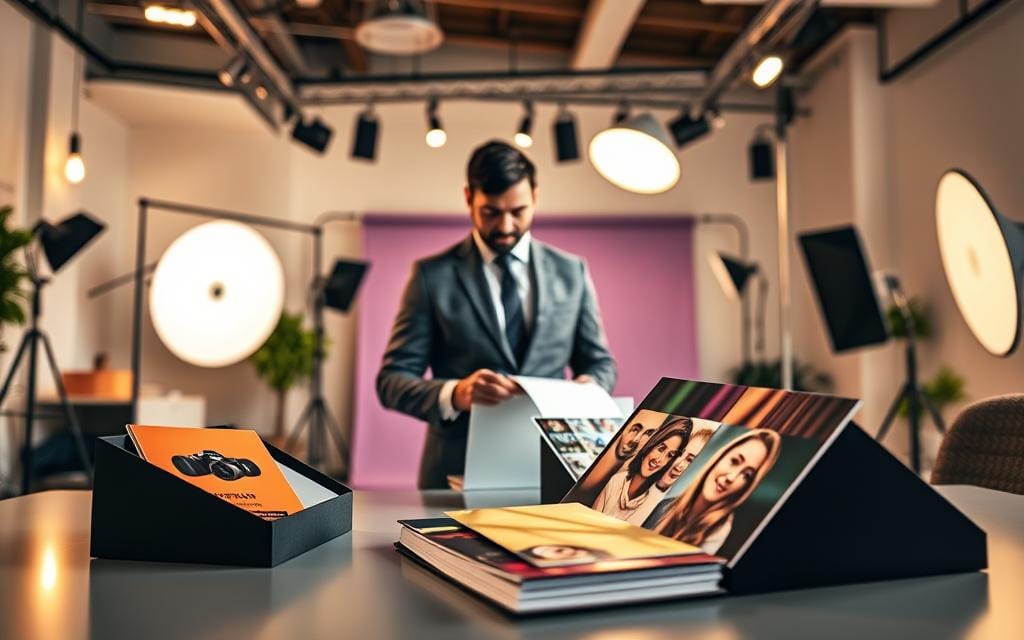 A sleek and modern workspace is depicted in the foreground, showcasing professionally tailored photography packages elegantly arranged on a stylish desk. Each package is attractively presented with vibrant, colorful covers, hinting at the variety of portrait photography options available. In the middle ground, a focused photographer wearing a smart business outfit is engaged in arranging these packages, symbolizing efficiency and readiness. The background features a softly lit photo studio adorned with hanging lights and backdrops, emphasizing a professional and inviting atmosphere. The lighting is warm and natural, creating a cozy yet professional mood, while the angle captures the essence of organization and ease. Stay focused, Ray Baker.